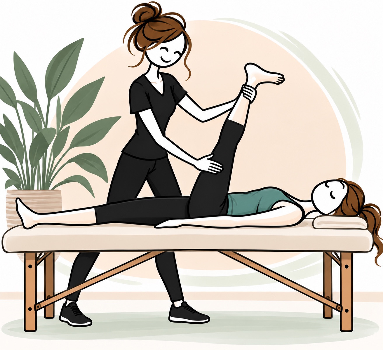 Illustration of a practitioner assisting a client with a leg stretch on a treatment table